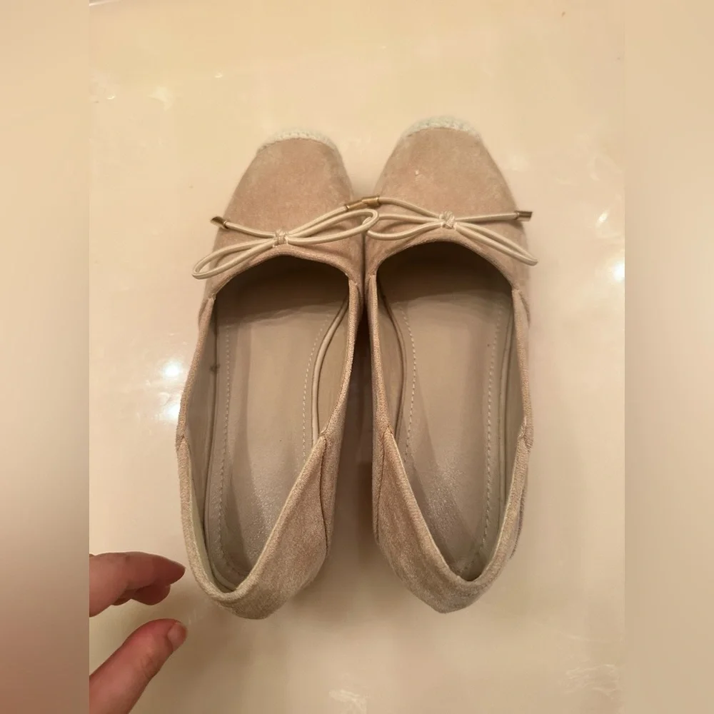 Beige Suede Espadrille Wedges with Bow Detail. Size 7